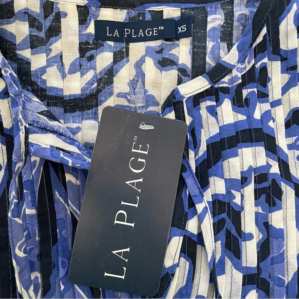 La Plage Celerie Vintage Paisley Blue White Tassel Tie Neck Top Blouse Sz XS NWT - Picture 3 of 8